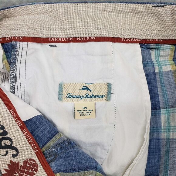 Tommy Bahama Linen Silk Blend Shorts Mens 34 Paradise Nation Blue Plaid Hawaiian - Picture 3 of 5
